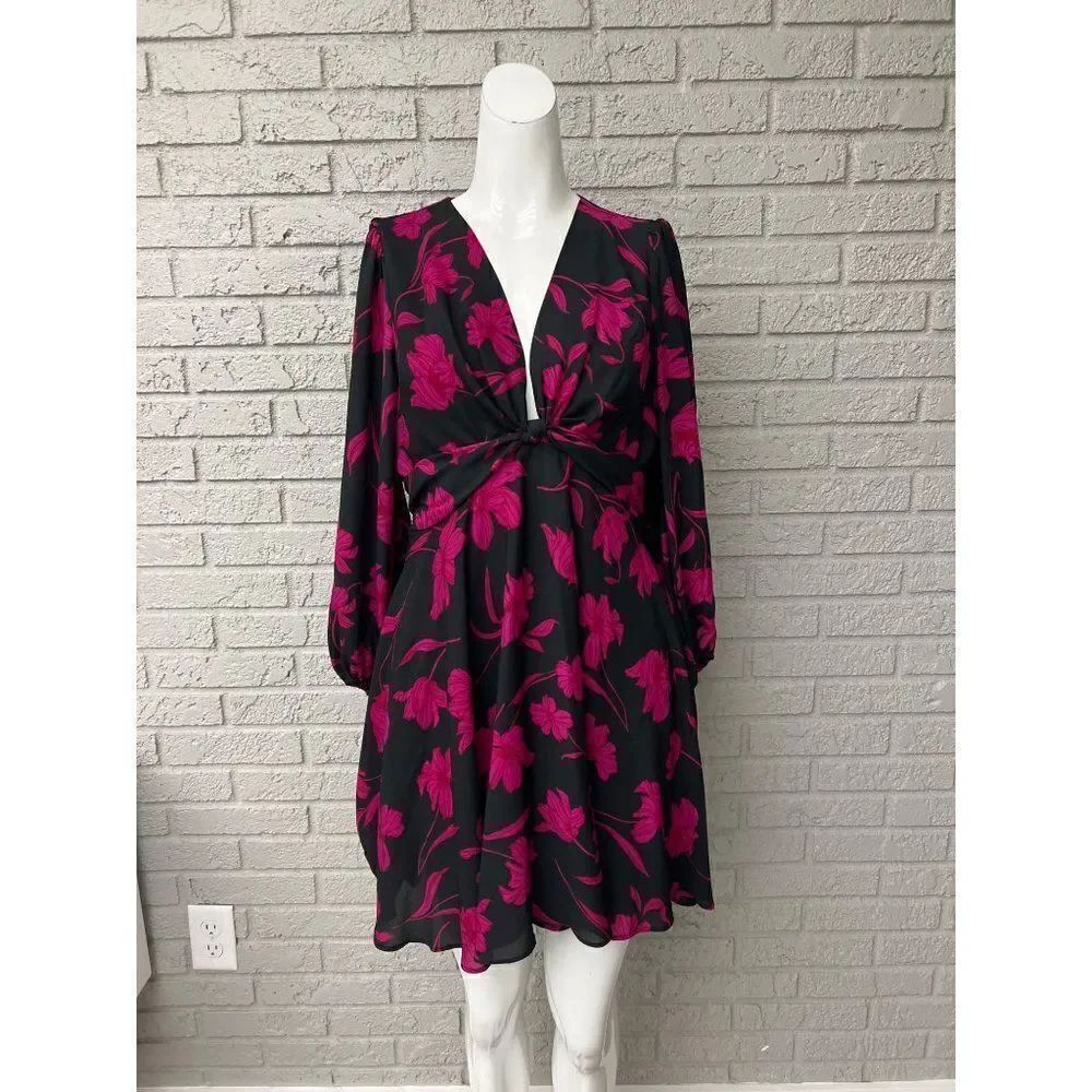Banana Republic Petite Black Pink Floral Balloon Sleeve Dress Size 8 <3